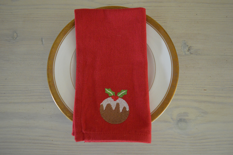 Christmas Napkins, Red with Embroidered Christmas Pudding 41x41cm 16x16