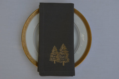 Christmas Napkins, Charcoal Grey with Gold Embroidered Christmas Trees 41x41cm 16x16