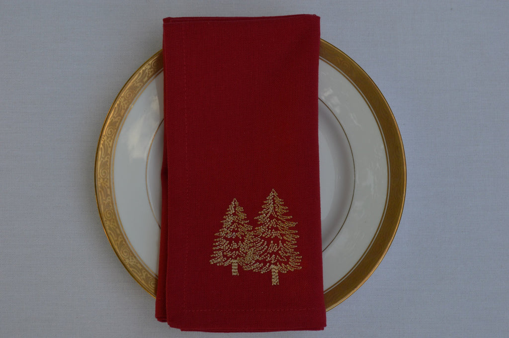 Christmas Napkins, Red with Gold Embroidered Christmas Trees 41x41cm 16x16