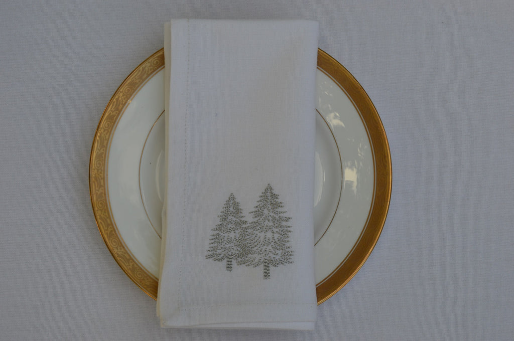 Christmas Napkins, White with Silver Embroidered Christmas Trees 41x41cm 16x16