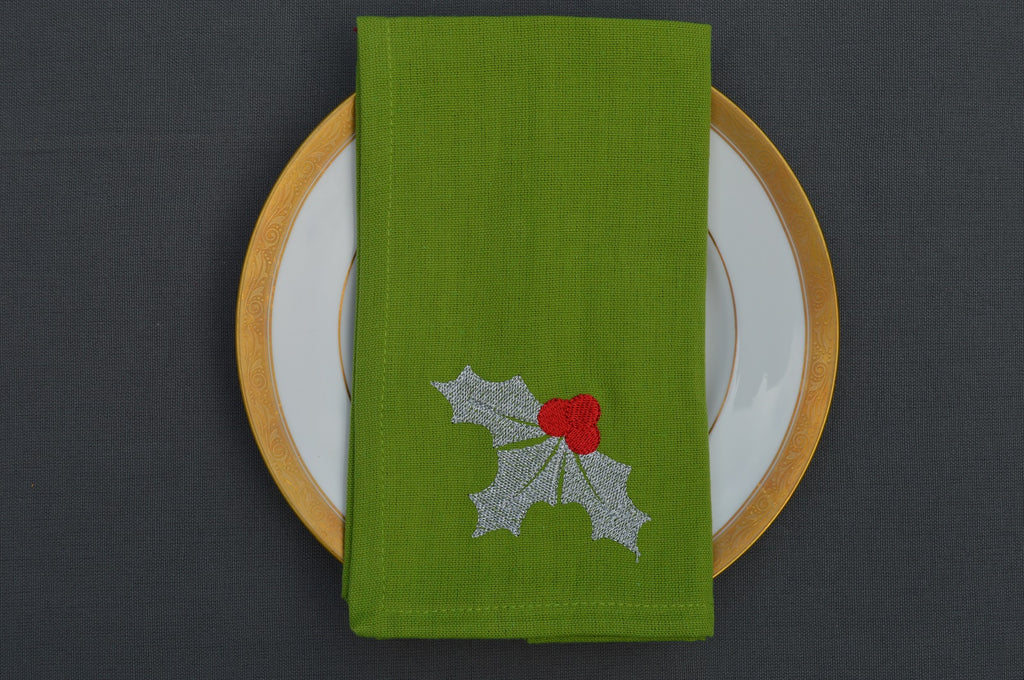 Christmas Napkins, Green with Sprig of Silver Holly 41x41cm 16x16