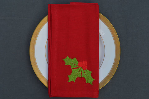 Christmas Napkins, Red with Embroidered Sprig of Holly 41x41cm 16x16