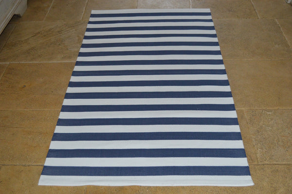 Floor Rug, 100% Cotton Lymington Stripe Flat Weave Indigo Navy/White 4 Sizes