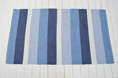 Floor Rug, 100% Cotton Pembroke Flat Weave in Blue / Indigo 3 Sizes Large