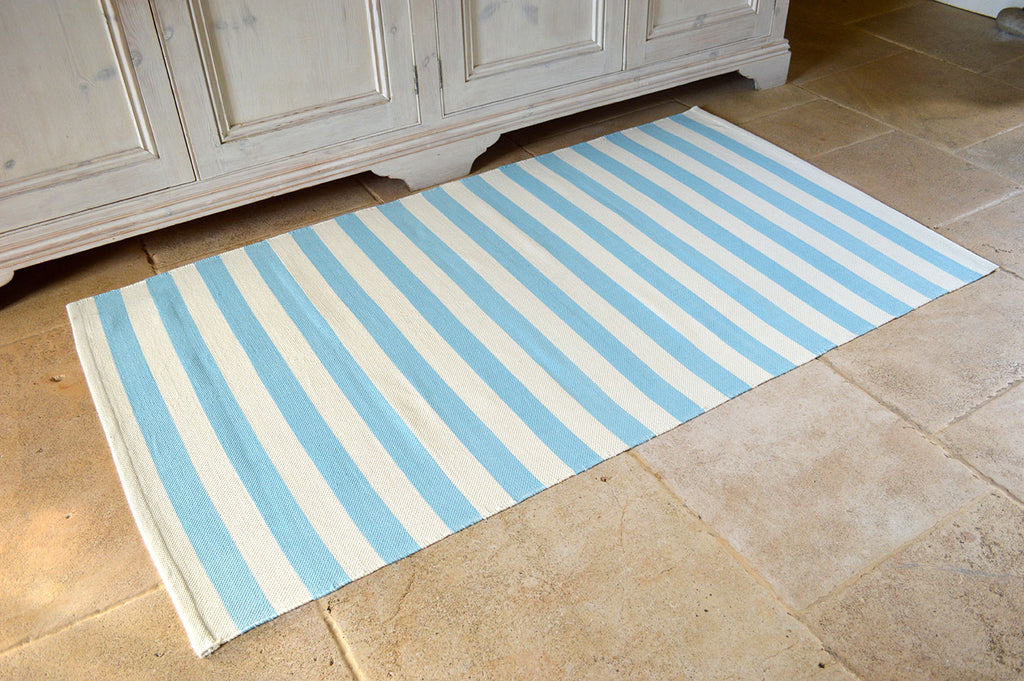 Floor Rug, 100% Cotton Salcombe Stripe Flat Weave Azure Blue/Vanilla Cream 2 Sizes
