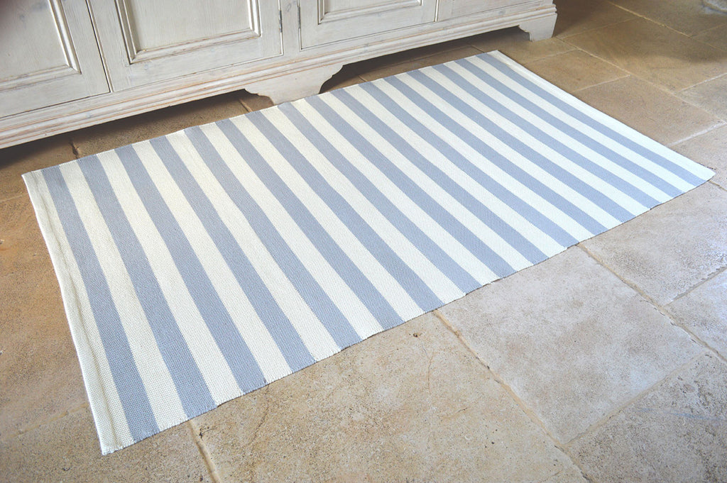 Floor Rug, 100% Cotton Salcombe Stripe Flat Weave Dove Grey/Vanilla Cream 2 Sizes