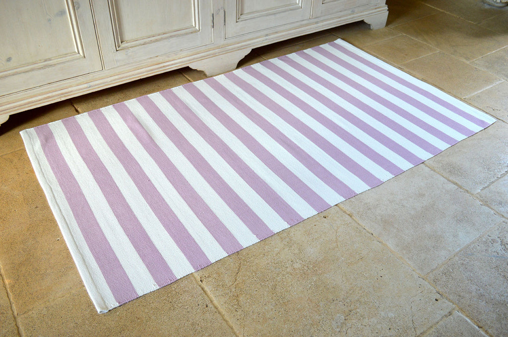 Floor Rug, 100% Cotton Salcombe Stripe Flat Weave Orchid Pink/White 2 Sizes