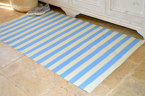 Floor Rug, 100% Cotton Salcombe Stripe Flat Weave Storm Blue/Sand 2 Sizes