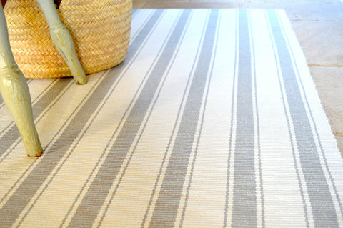 Floor Rug, 100% Cotton Solent Stripe Rib Weave in Dove Grey/White 2 Sizes