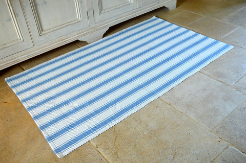 Floor Rug, 100% Cotton Solent Stripe Rib Weave in Storm Blue/White 3 Sizes