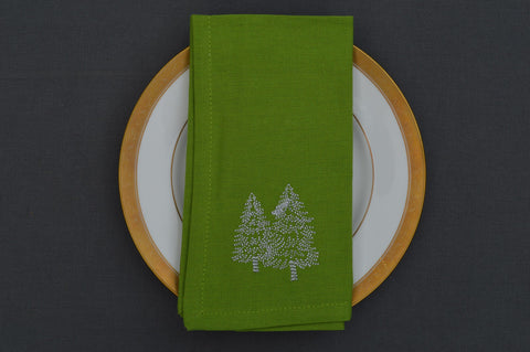 Christmas Napkins, Green with Silver Embroidered Christmas Trees 41x41cm 16x16