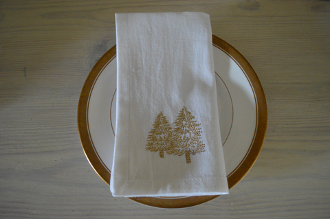 Christmas Napkins, White with Gold Embroidered Christmas Trees 41x41cm 16x16
